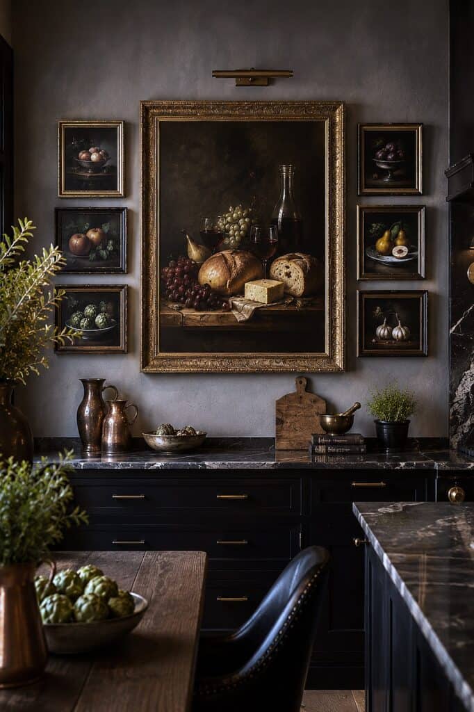 Dark kitchen wall with framed still life paintings and decorative items.