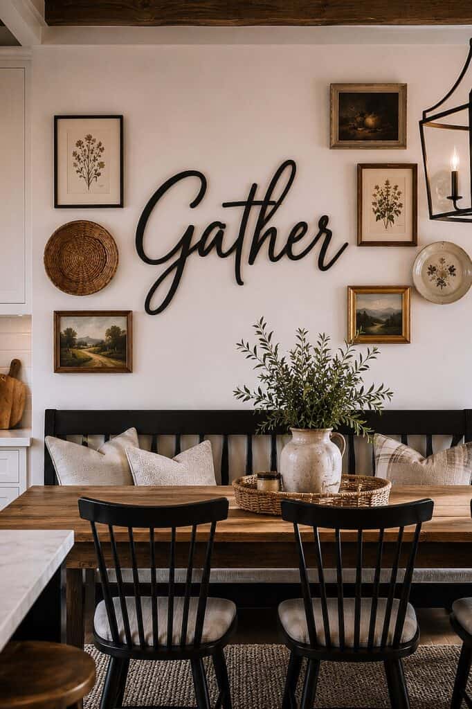 Decorative kitchen wall with 'Gather' sign and framed art pieces.