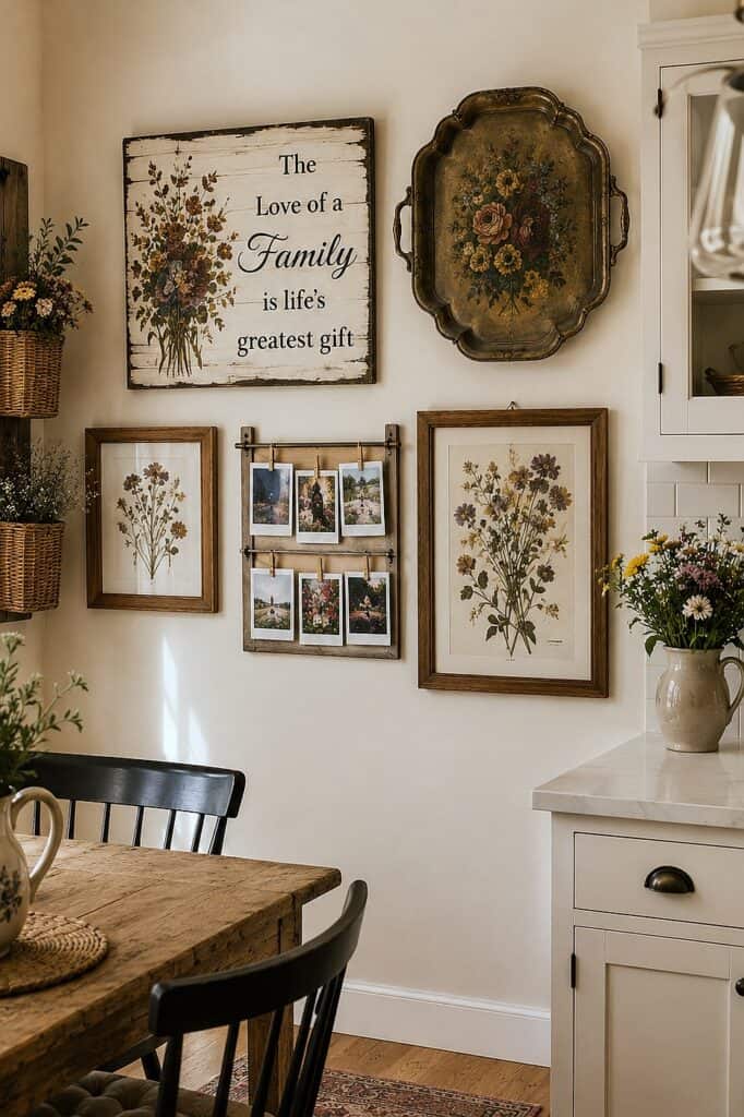 Decorative floral wall art and family quote in cozy kitchen space.