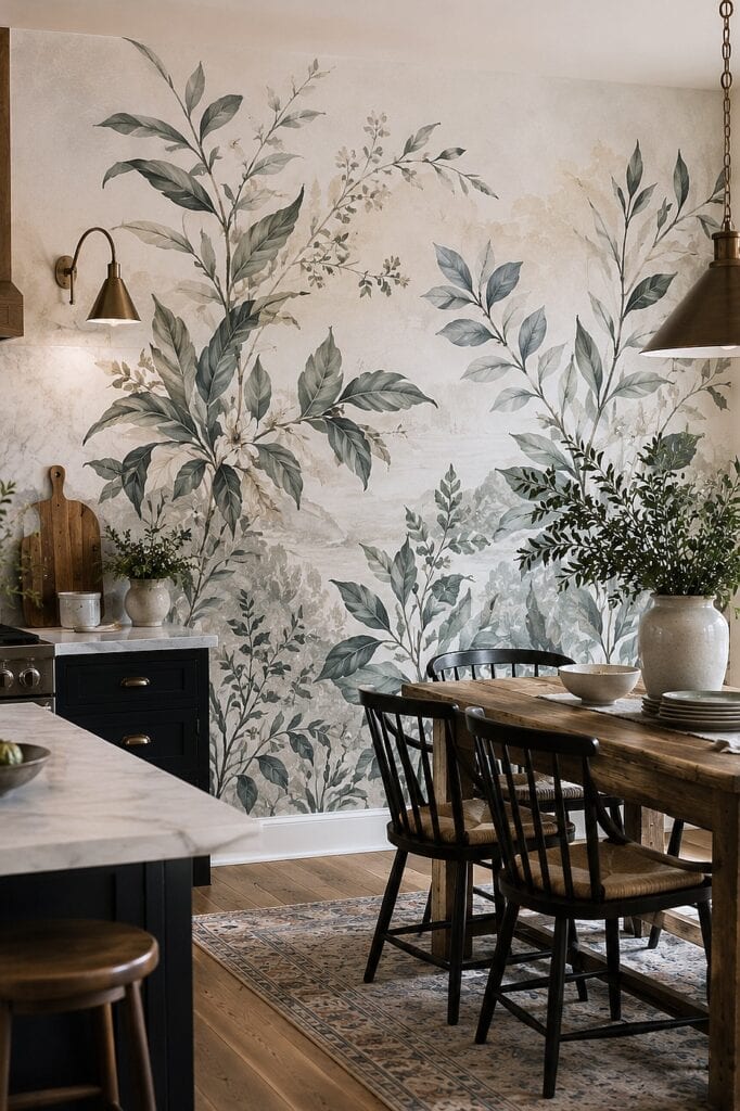 Kitchen wall with botanical mural, dining table, and modern decor elements.
