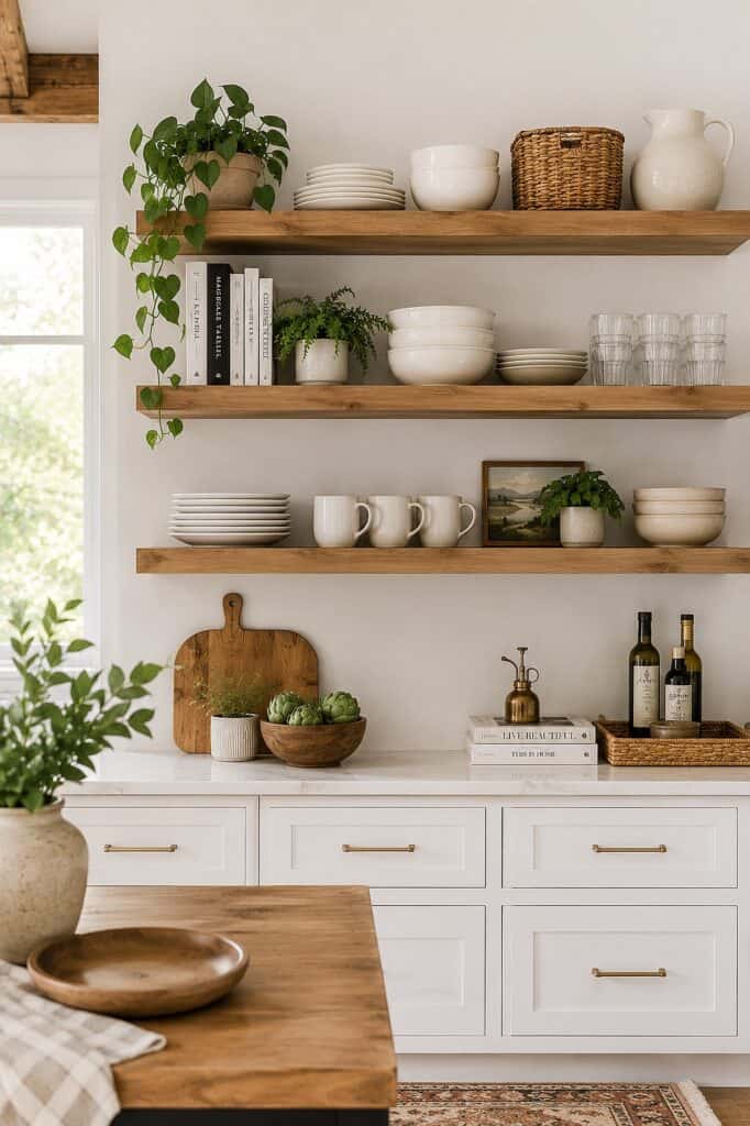 Stylish kitchen wall decor with wooden shelves, dishes, and plants.