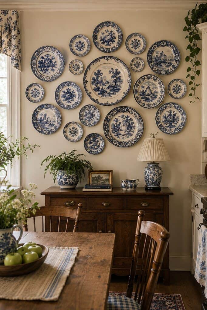 Blue and white decorative plates wall decor in a cozy kitchen with wooden furniture.