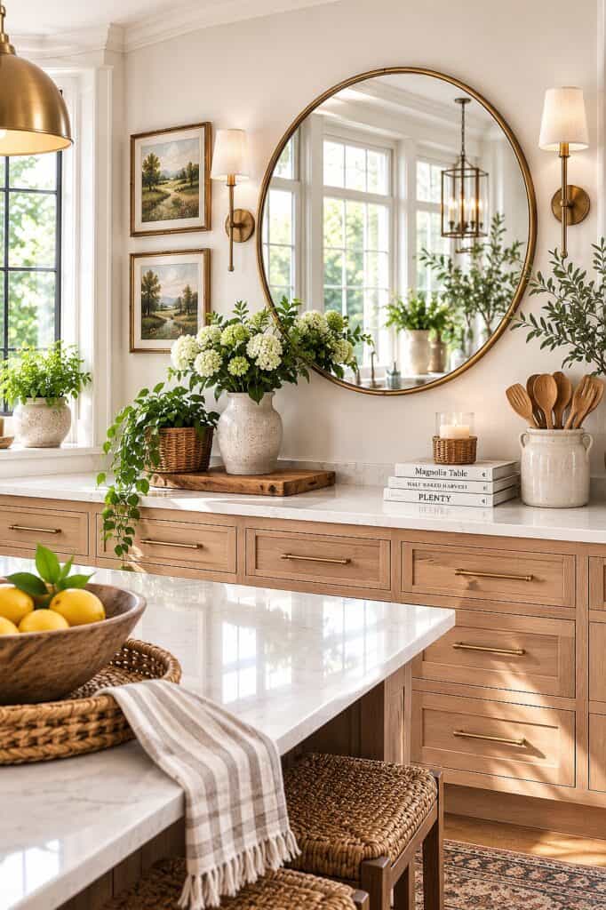 Charming kitchen wall decor with mirror, artwork, and greenery for a cozy space.
