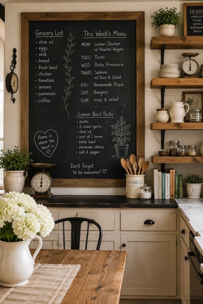 Chalkboard menu with weekly meal plan and grocery list in cozy kitchen.