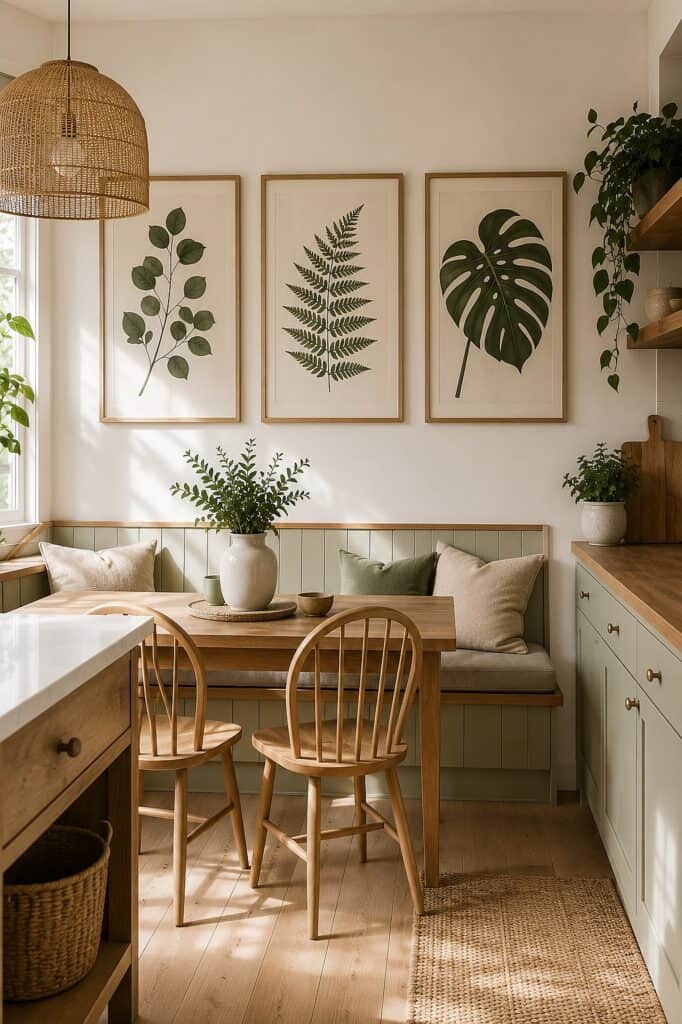 Elegant kitchen wall decor with framed botanical prints and cozy seating area.