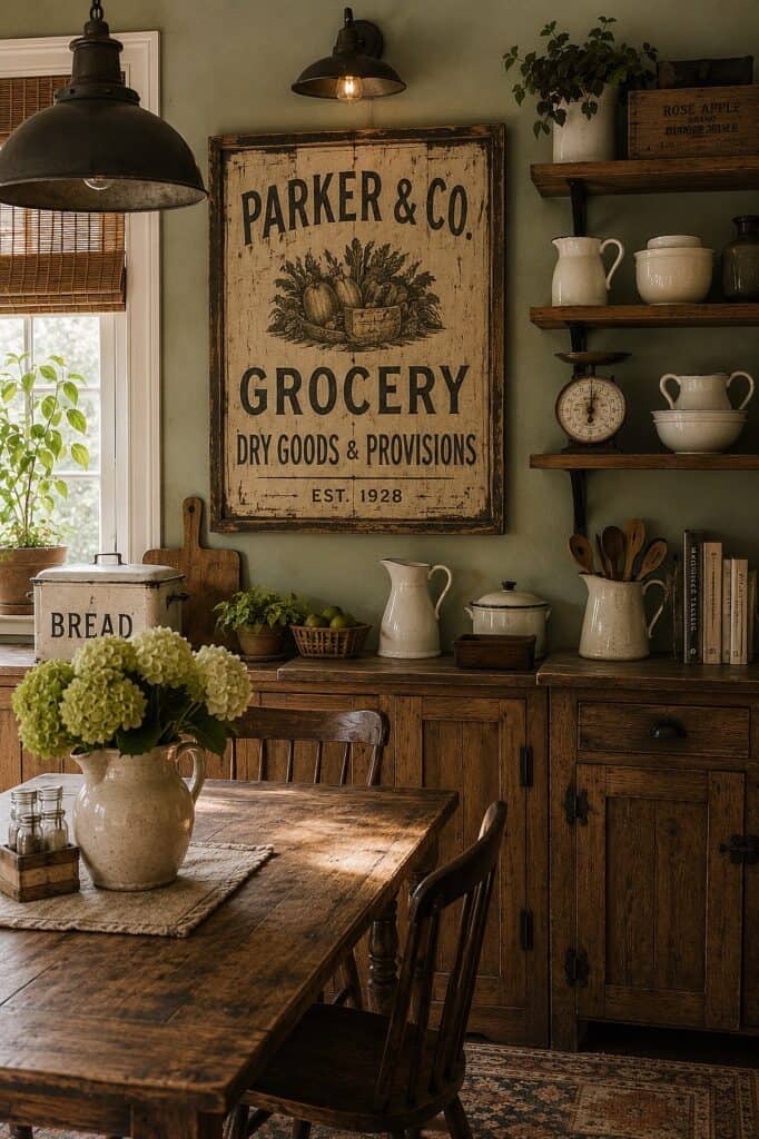 Vintage grocery sign with kitchen shelves and decor in cozy kitchen setting.