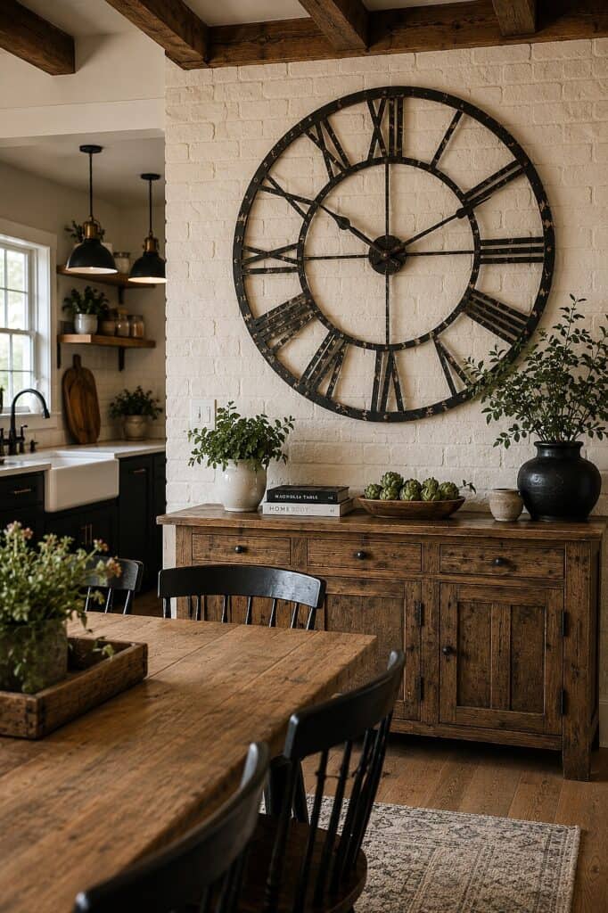 Large vintage clock on kitchen wall with wooden sideboard and plants.