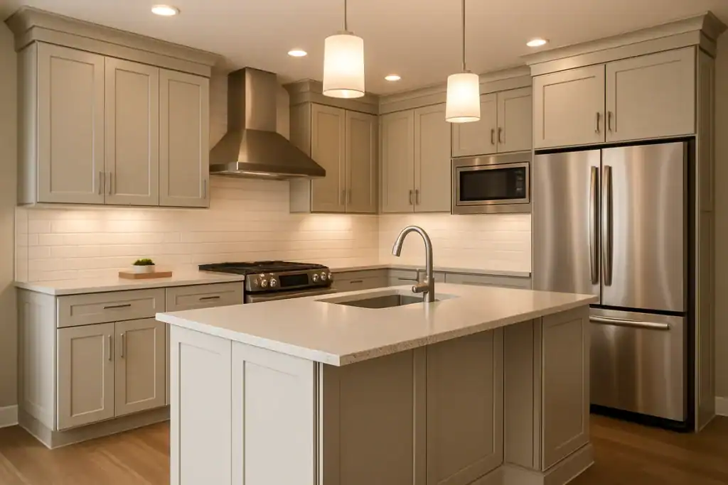 Contemporary kitchen with beige cabinets, stainless steel appliances, and island.