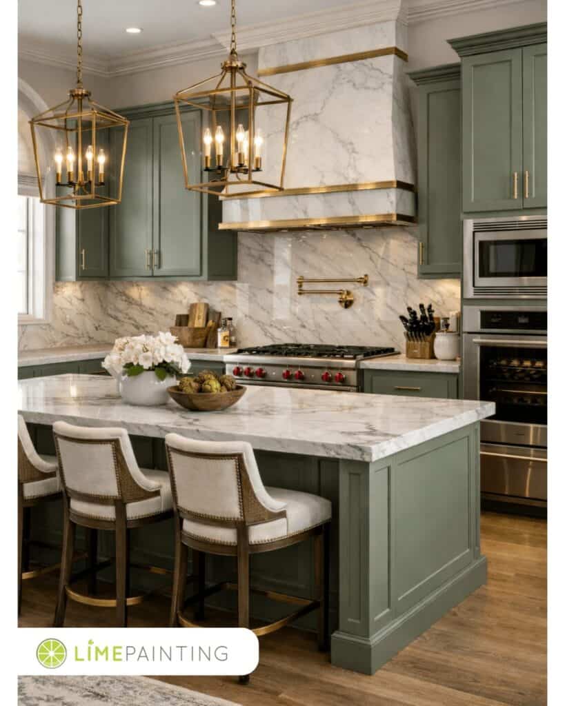 Modern kitchen with marble countertops and gold lighting fixtures.