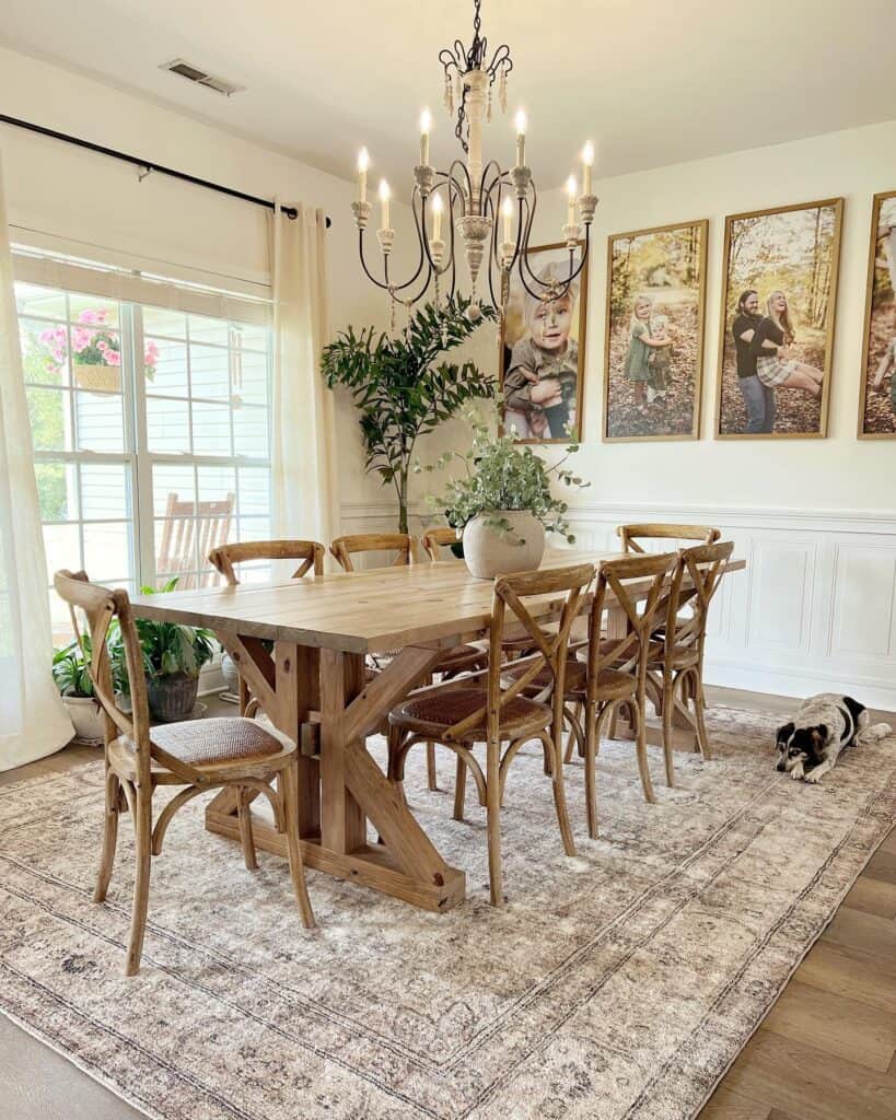 Bright dining room with chandelier, wooden table, and family photos on wall.