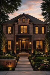 Beautiful brick house with black shutters and landscaped garden at sunset.