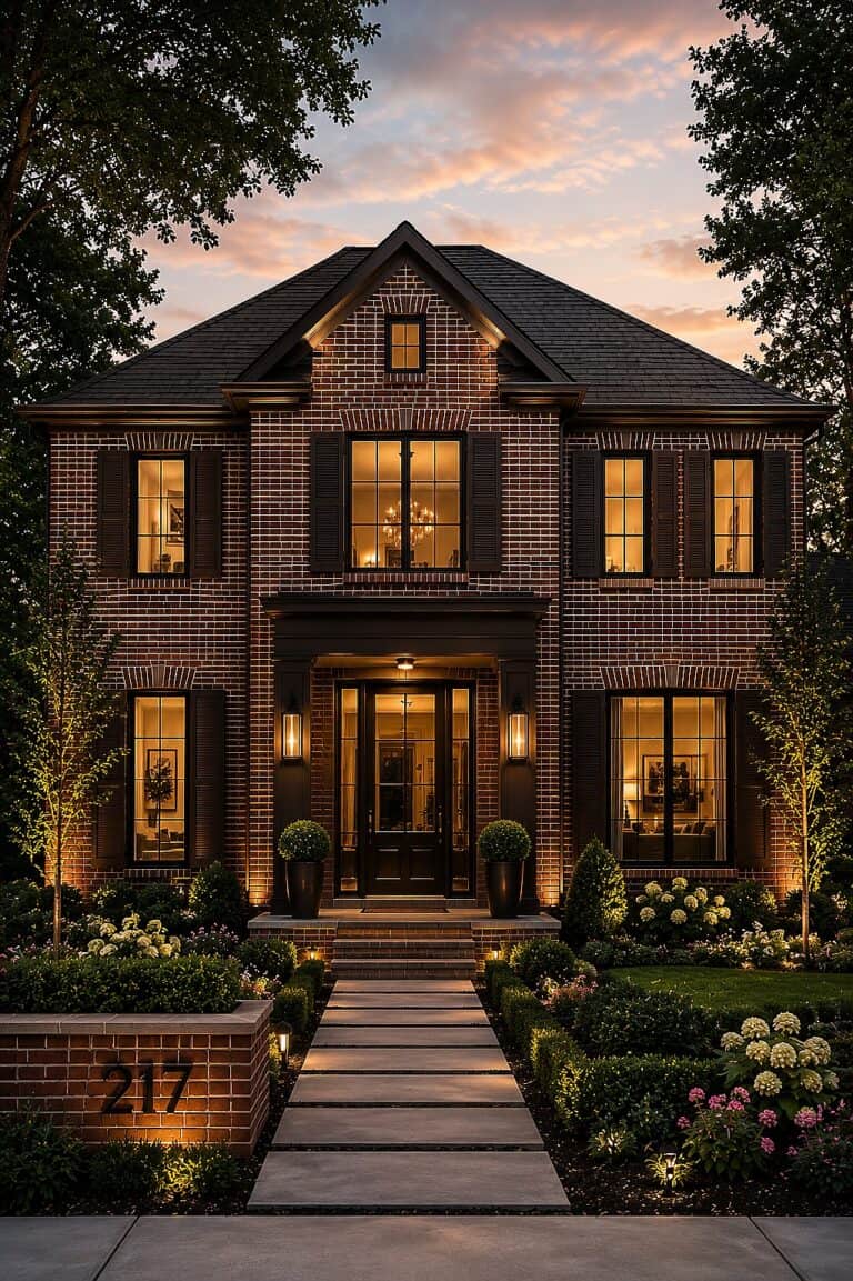 Beautiful brick house with black shutters and landscaped garden at sunset.