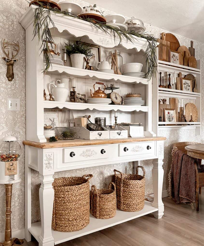 Decorative white hutch with dishes, baskets, and greenery in cozy kitchen.
