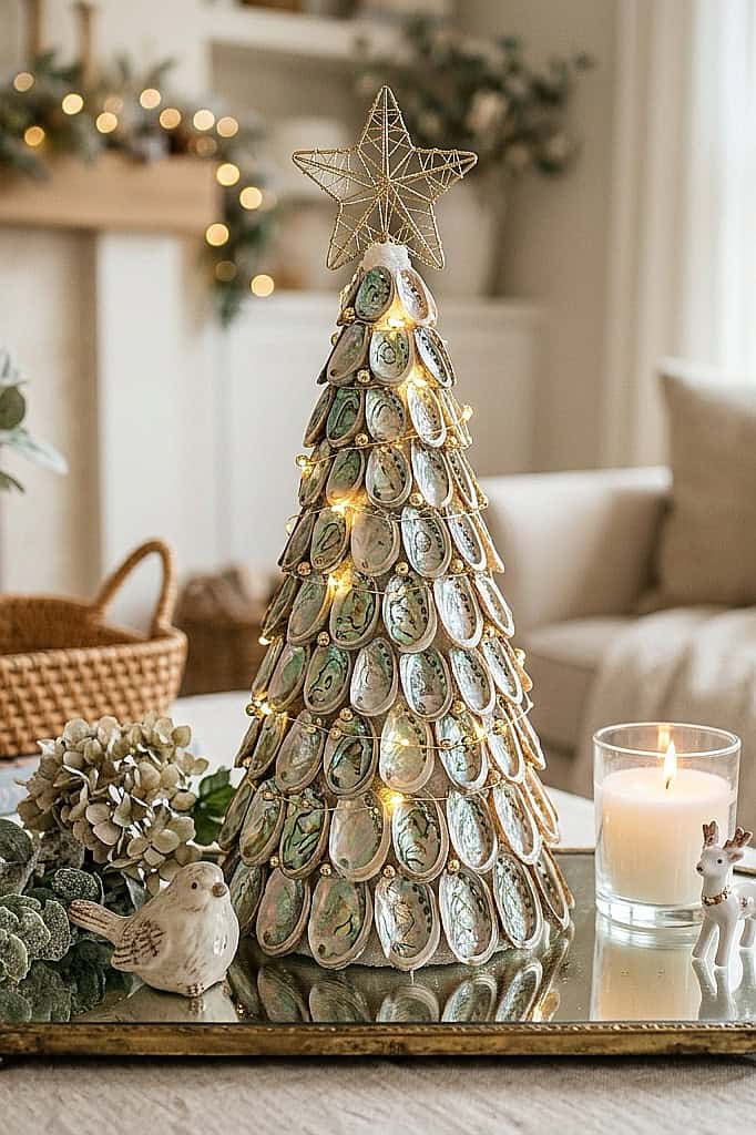 Decorative seashell Christmas tree with star topper and coastal accents.