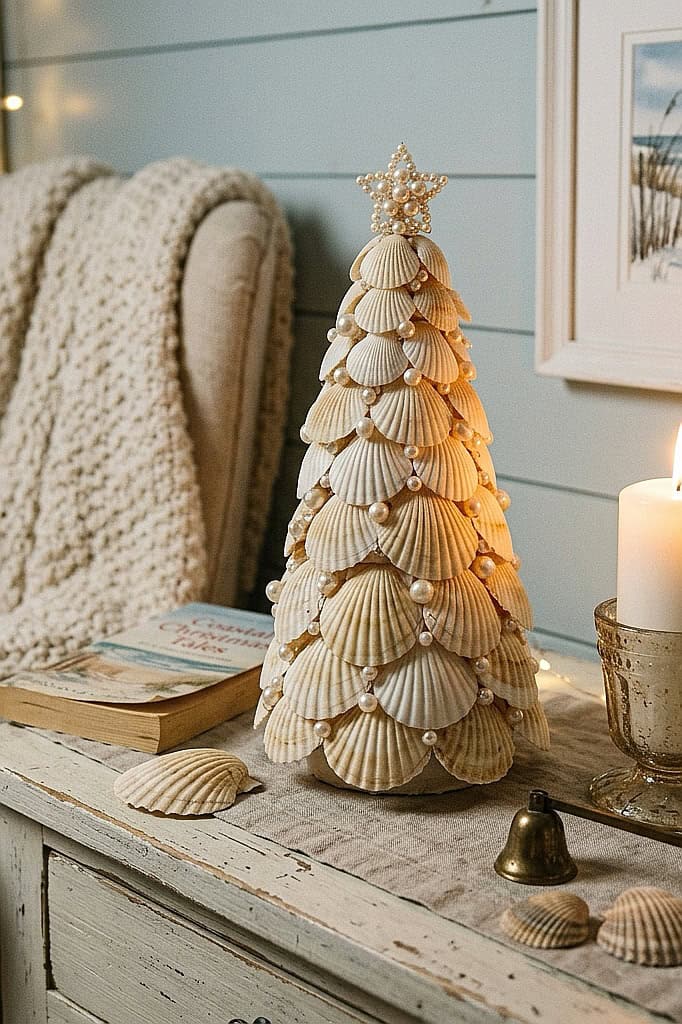 Coastal seashell Christmas tree with star topper and pearl accents.
