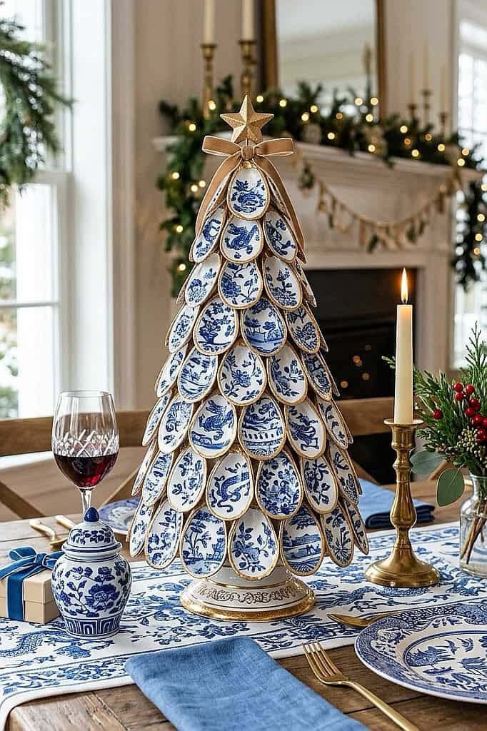 Festive Christmas table with blue and white porcelain tree and holiday decorations.