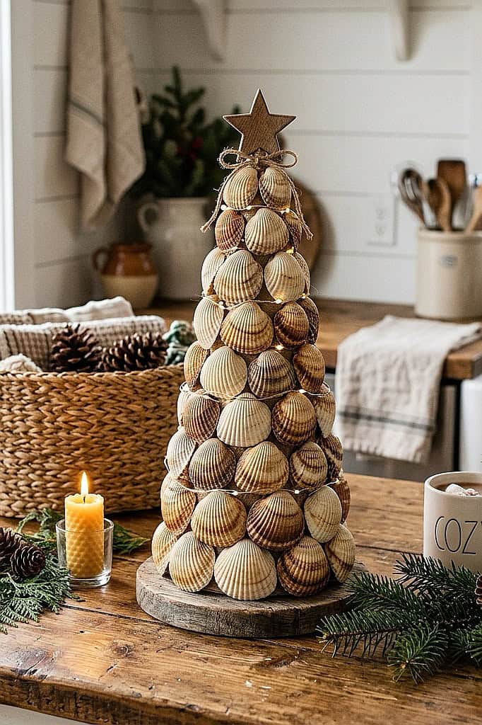 Coastal seashell Christmas tree with star topper and natural shells.