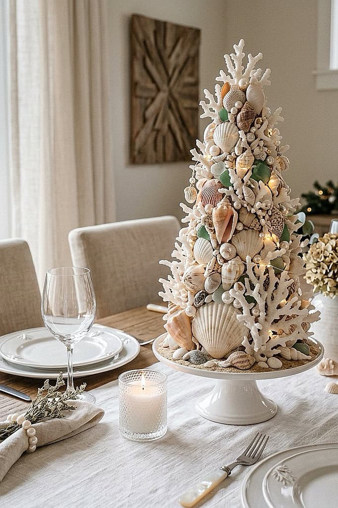 Decorative seashell Christmas tree with coral and shells on a festive table.