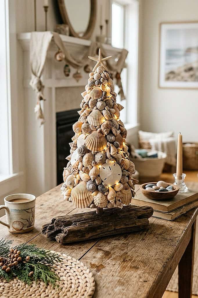 Decorative Christmas tree made of seashells with warm lights in a cozy coastal home.