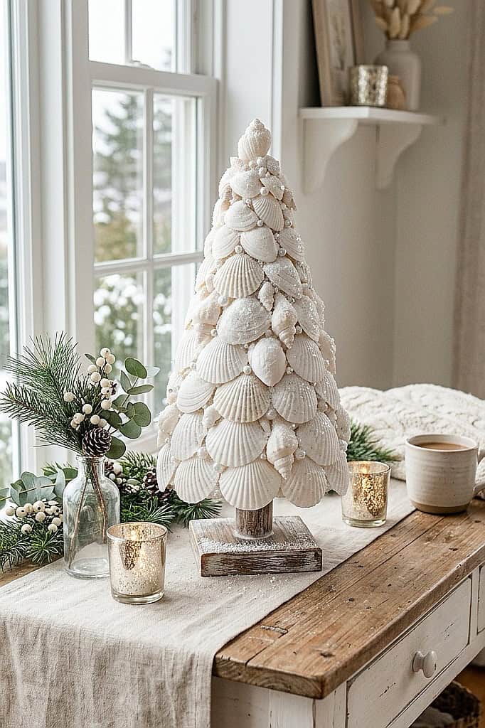 Decorative seashell Christmas tree with coastal accents on table.