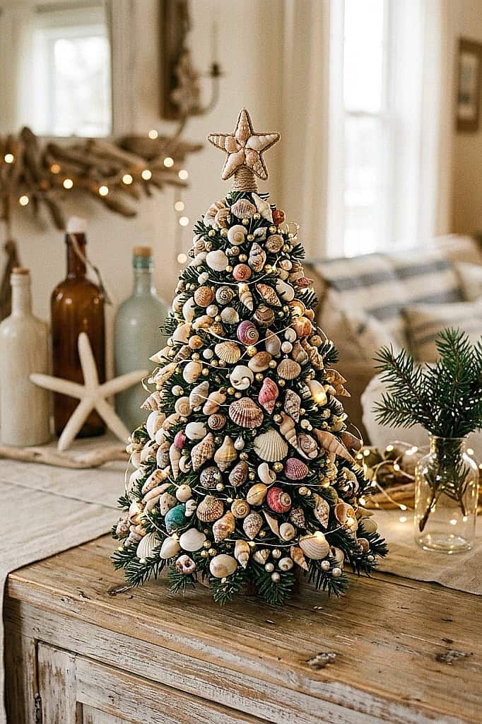 Coastal seashell Christmas tree with star topper and ornaments in a cozy home.