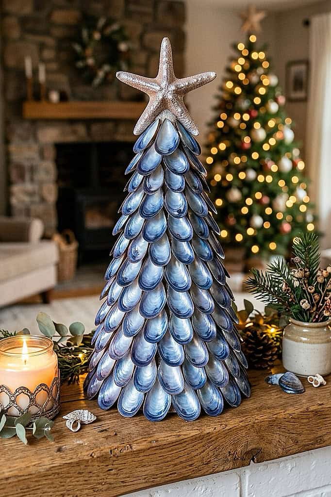 Decorative Christmas tree made of seashells with starfish topper in cozy home setting.