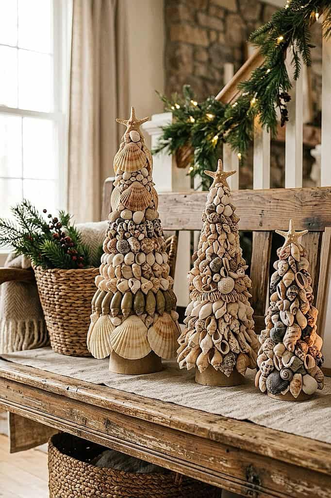 Three seashell Christmas trees with star toppers on rustic wooden table.