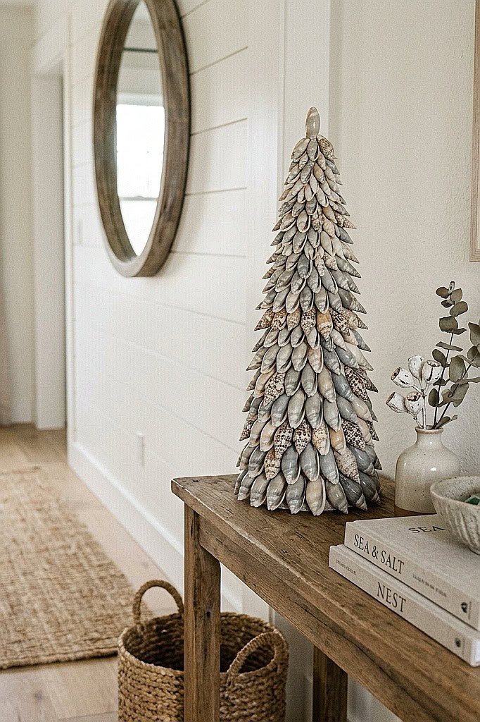 Decorative Christmas tree made of seashells on a rustic wooden table in coastal style.