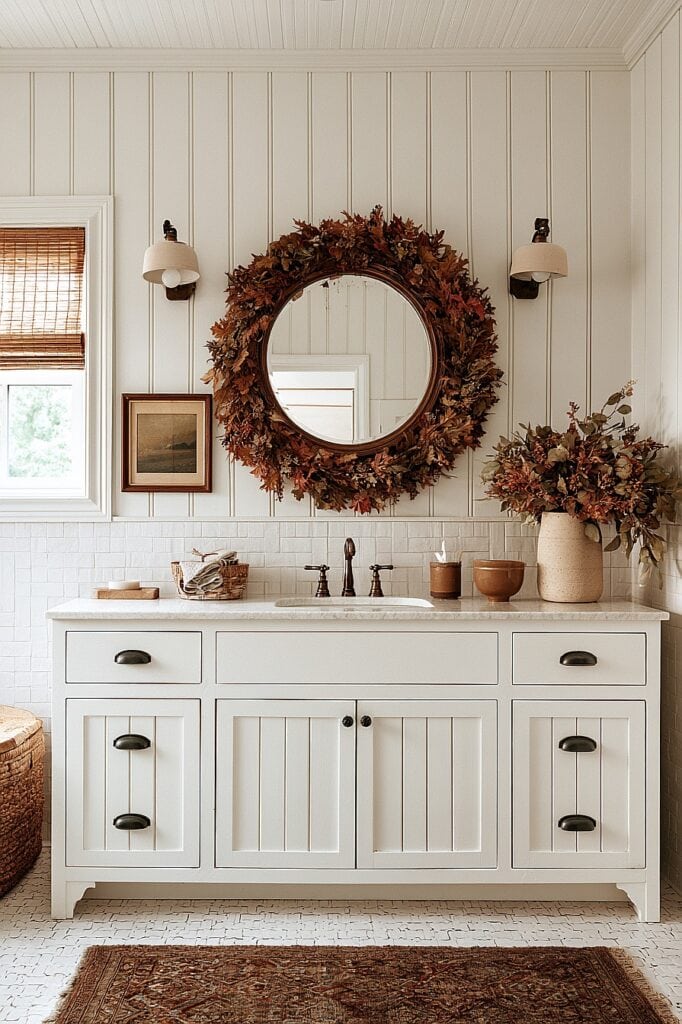 Bathroom with fall wreath, mirror, and autumn decor for cozy season.