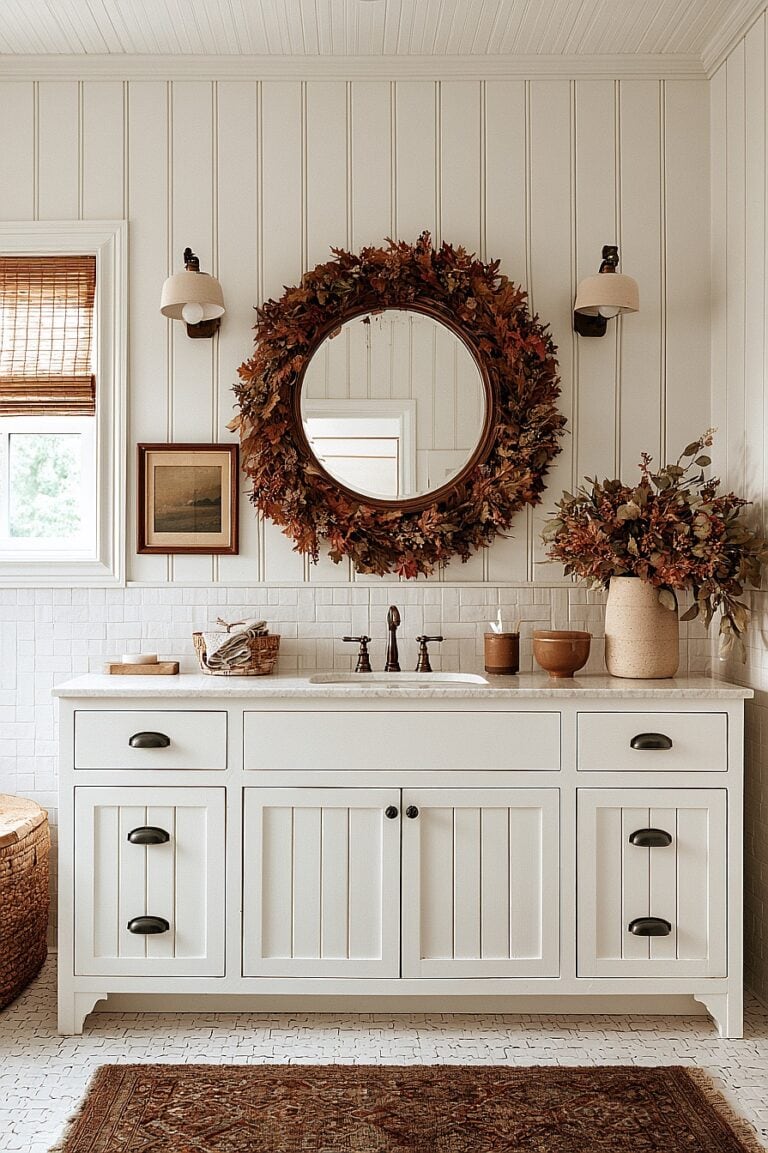 Bathroom with fall wreath, mirror, and autumn decor for cozy season.