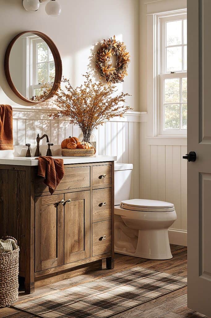 Warm fall-themed bathroom with wreath, dried flowers, and rustic accents.