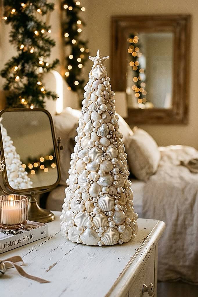 Decorative Christmas tree made of seashells in a cozy holiday setting.