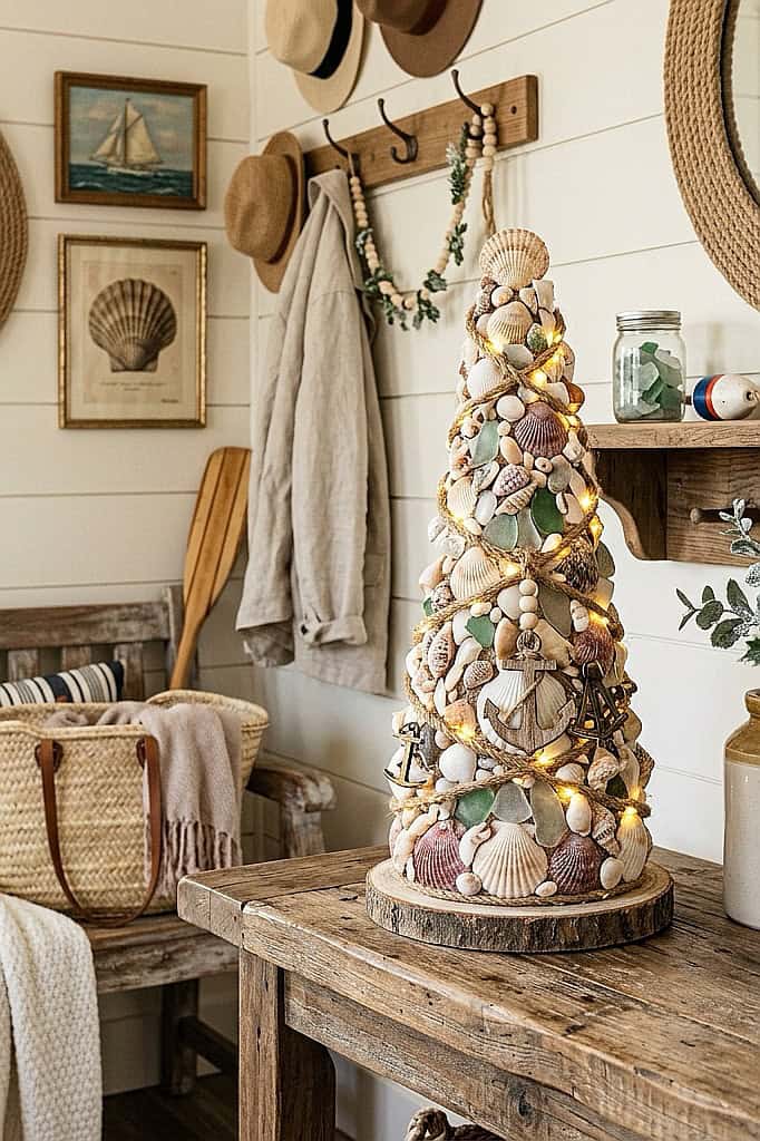 Coastal seashell Christmas tree with lights on rustic wooden table.