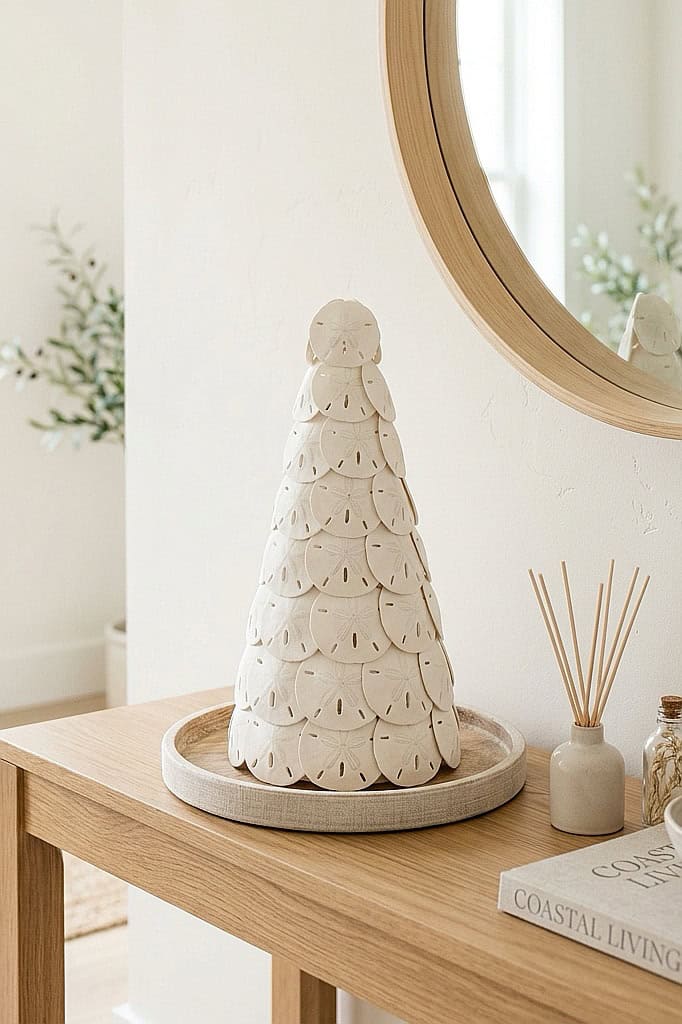 Decorative ceramic Christmas tree with scalloped design on wooden table.