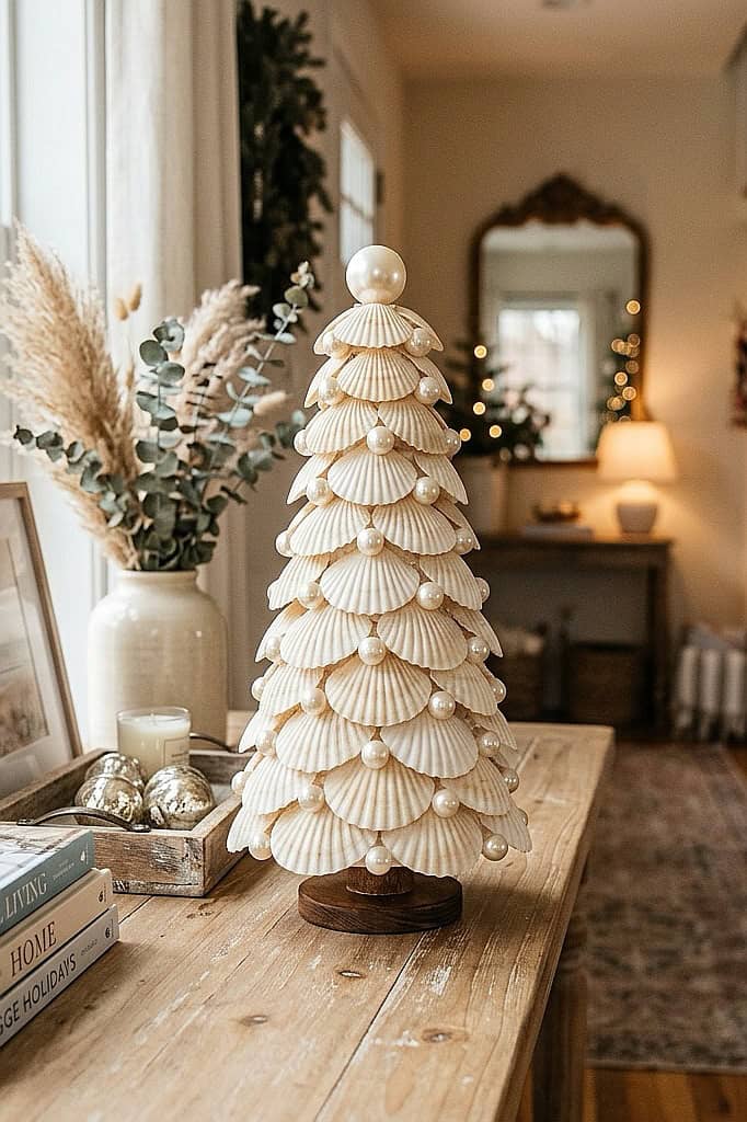 Decorative seashell Christmas tree with white shells and wooden base in cozy home.