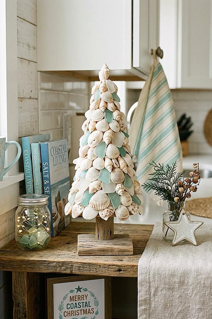 Coastal seashell Christmas tree with white and pastel shells on a wooden table.