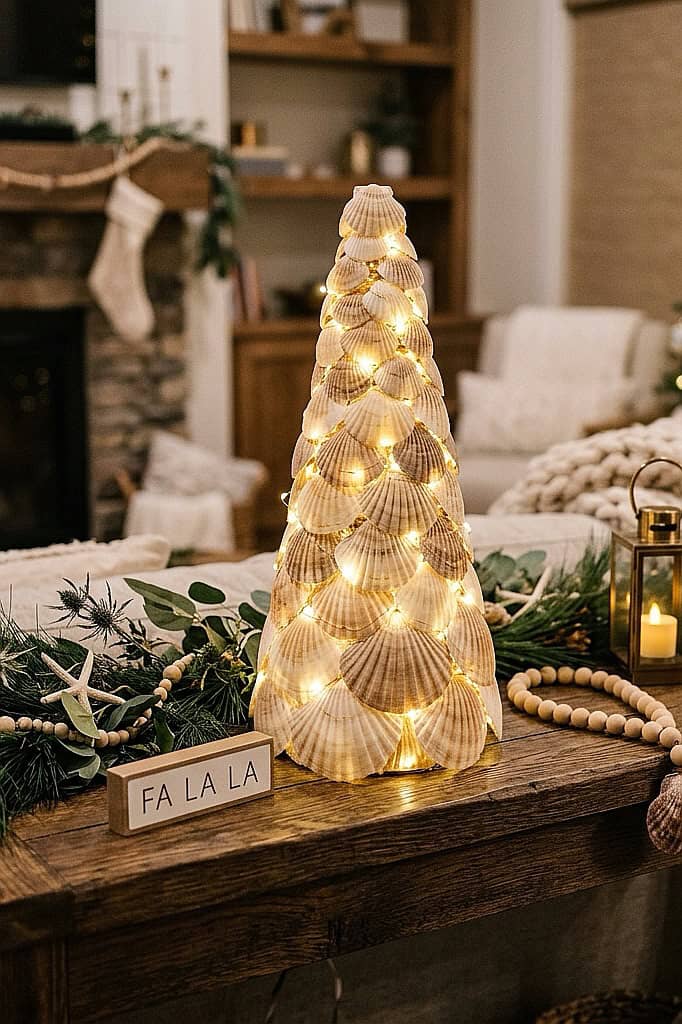 Decorative seashell Christmas tree with lights and coastal accents.