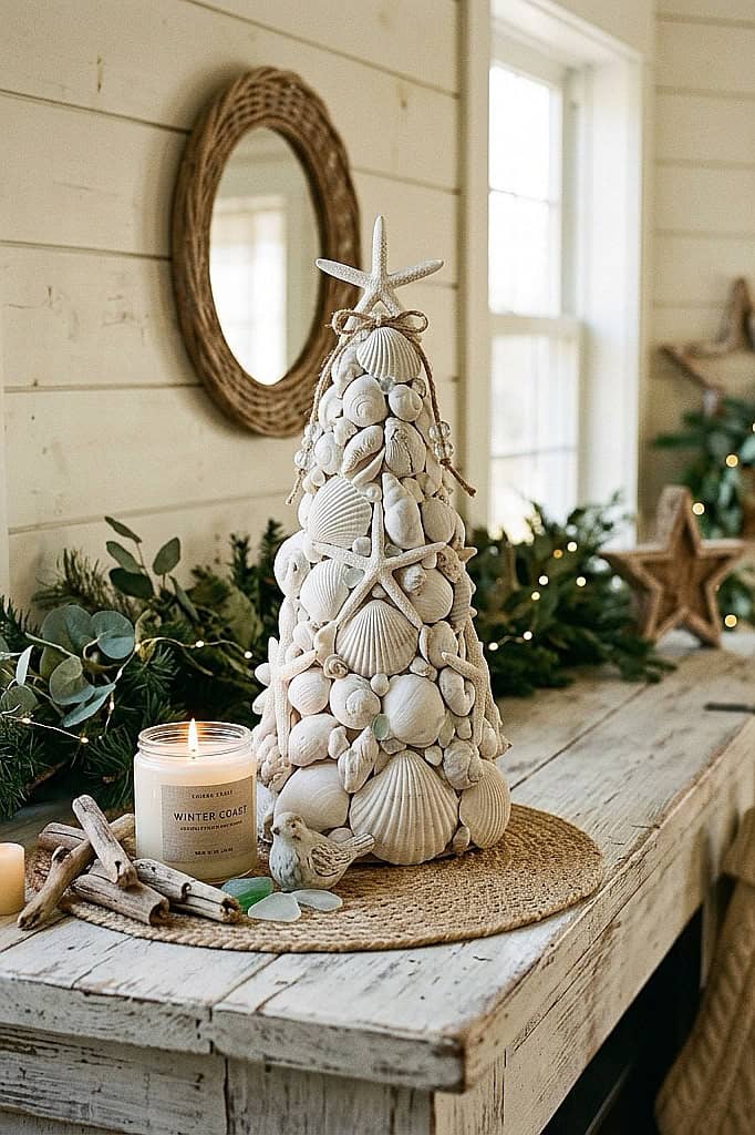 Decorative seashell Christmas tree with star topper and coastal accents.