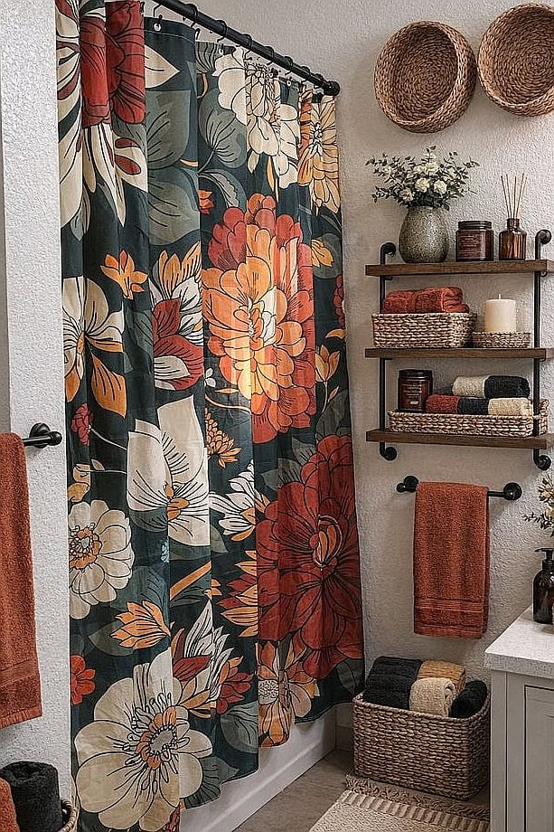 Cozy fall bathroom with floral shower curtain, wicker baskets, and warm accents.