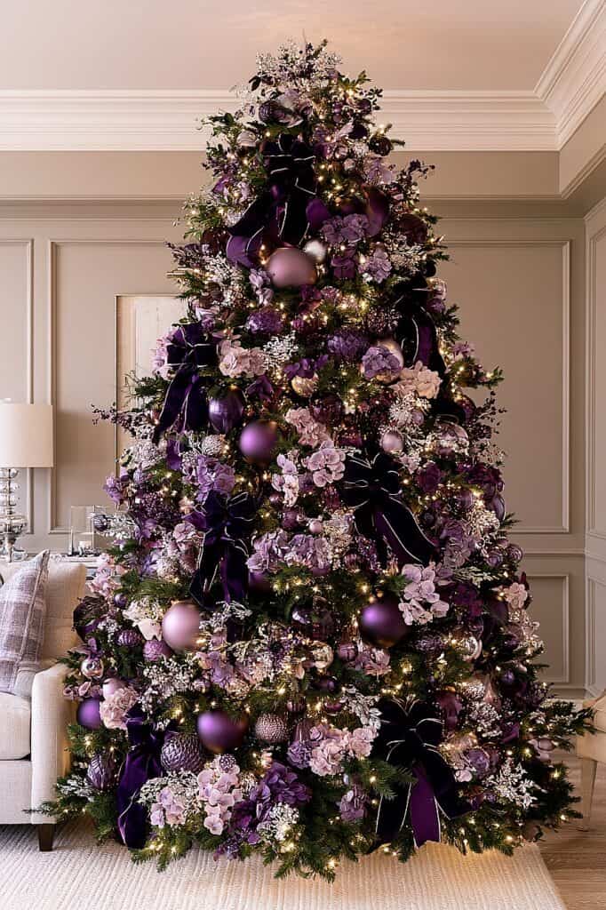 Beautiful purple Christmas tree with ornaments, ribbons, and lights in a cozy living room.