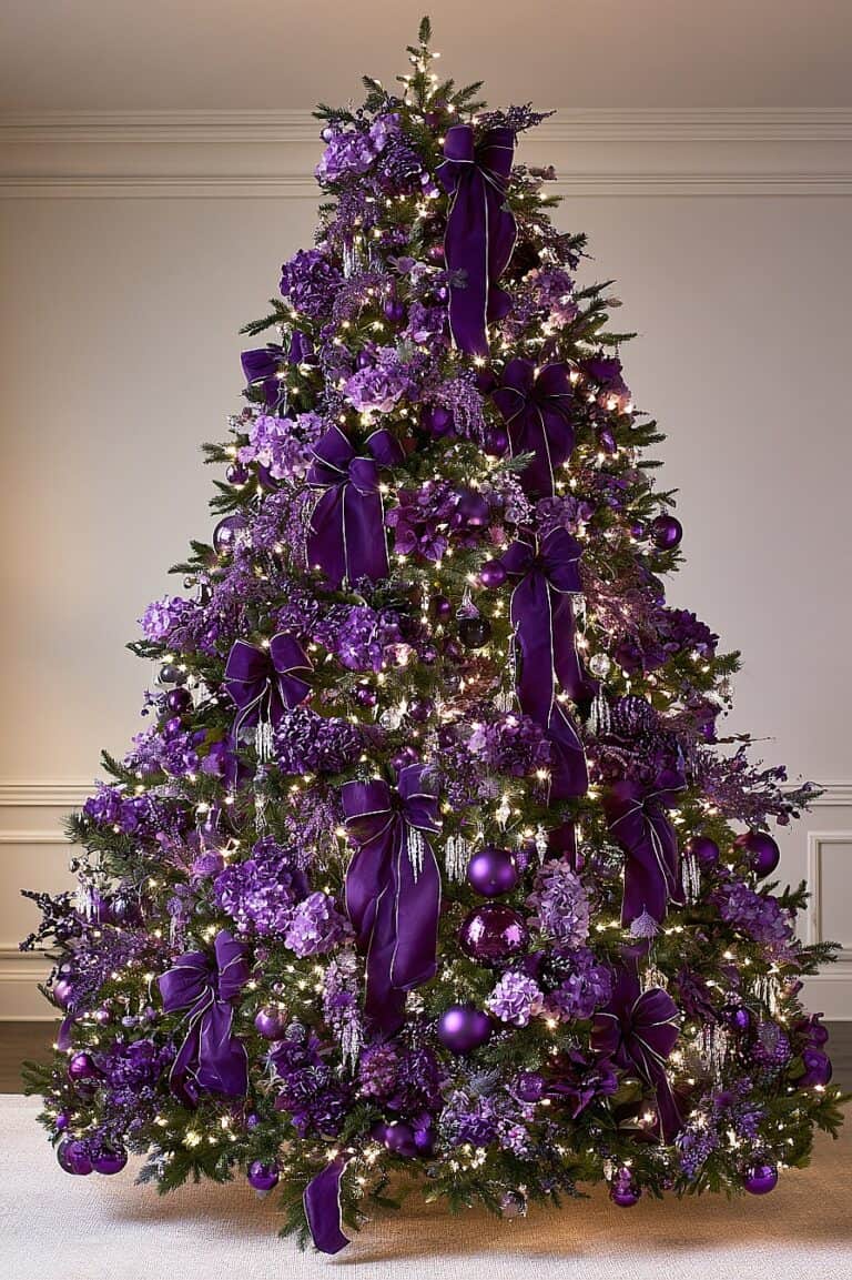 Elegant purple Christmas tree decorated with ribbons, ornaments, and lights.