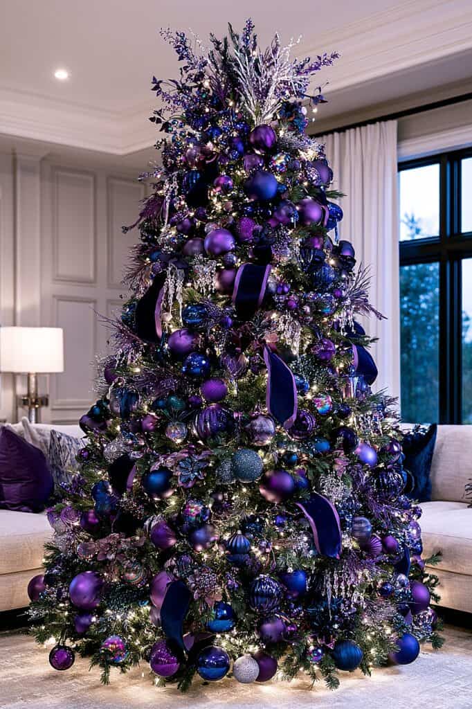 Beautiful purple Christmas tree with ornaments, ribbons, and lights in a cozy living room.