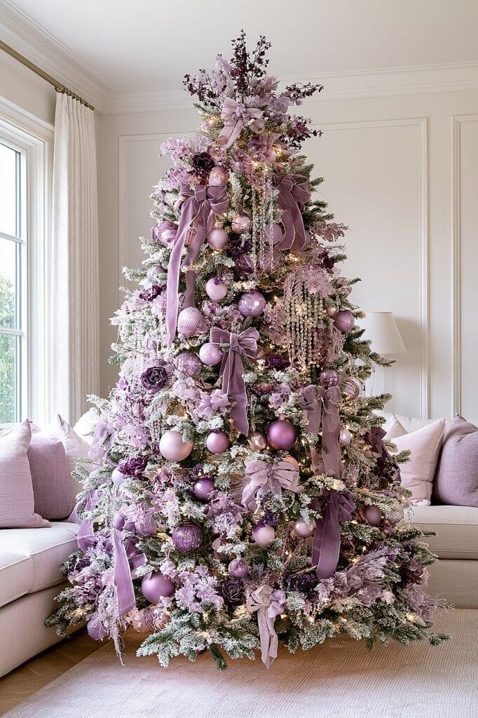 Elegant purple Christmas tree with ornaments, ribbons, and lights in a cozy living room.
