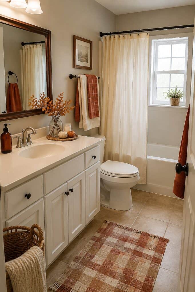 Bathroom with warm fall accents, curtains, and a potted plant by the window.