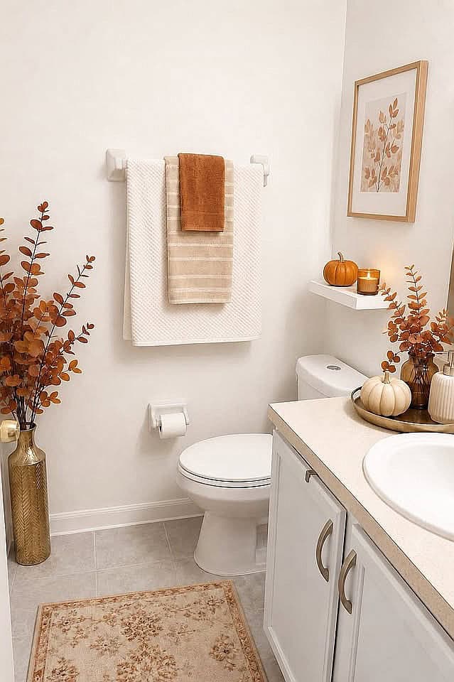 Cozy fall-themed bathroom with pumpkins, warm towels, and autumn accents.