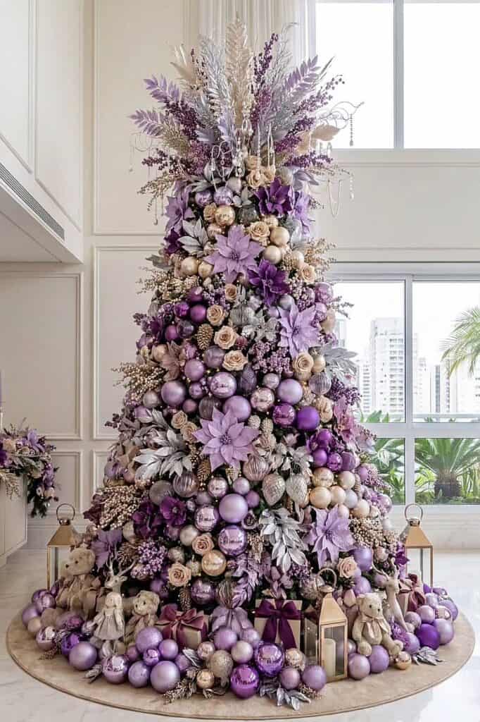 Elegant purple Christmas tree with ornaments and floral accents in a bright room.