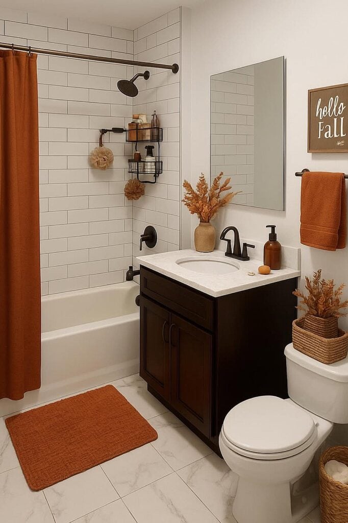 Autumn-themed bathroom with orange accents, dried flowers, and fall decor.
