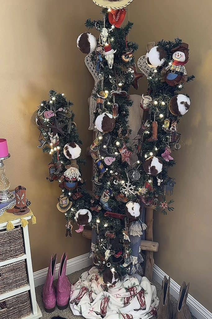 Decorated Christmas tree with ornaments, snowmen, and lights for holiday cheer.