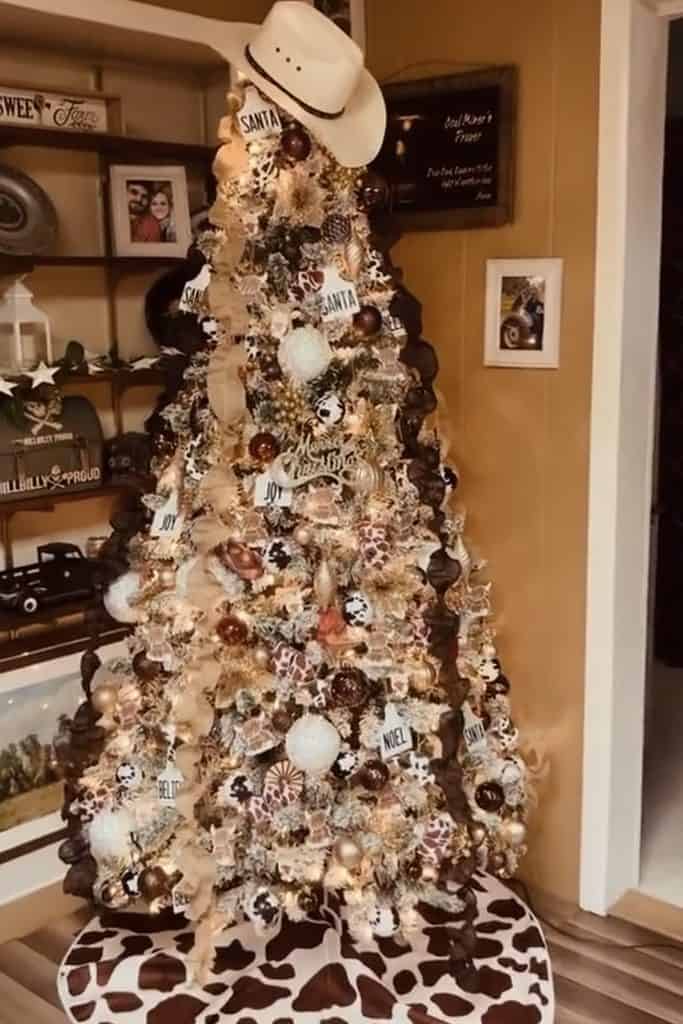 Decorated Christmas tree with cowboy hat, ornaments, and rustic decor in a cozy home.