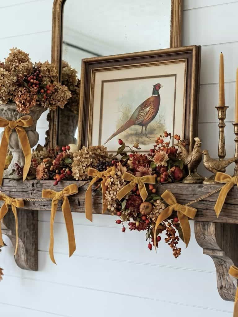 Autumn-inspired mantel with dried flowers, gold ribbons, and bird artwork.